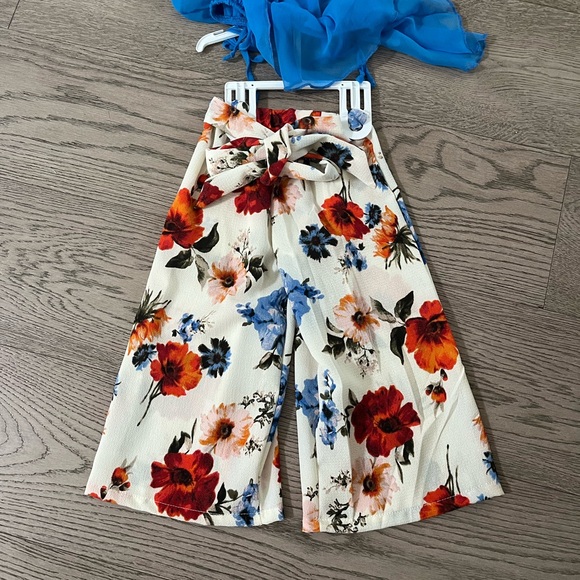 Toddler Girls Mia Belle Girls Blue & White Floral Flare Pant Set | Size 2T/3T - Picture 5 of 5